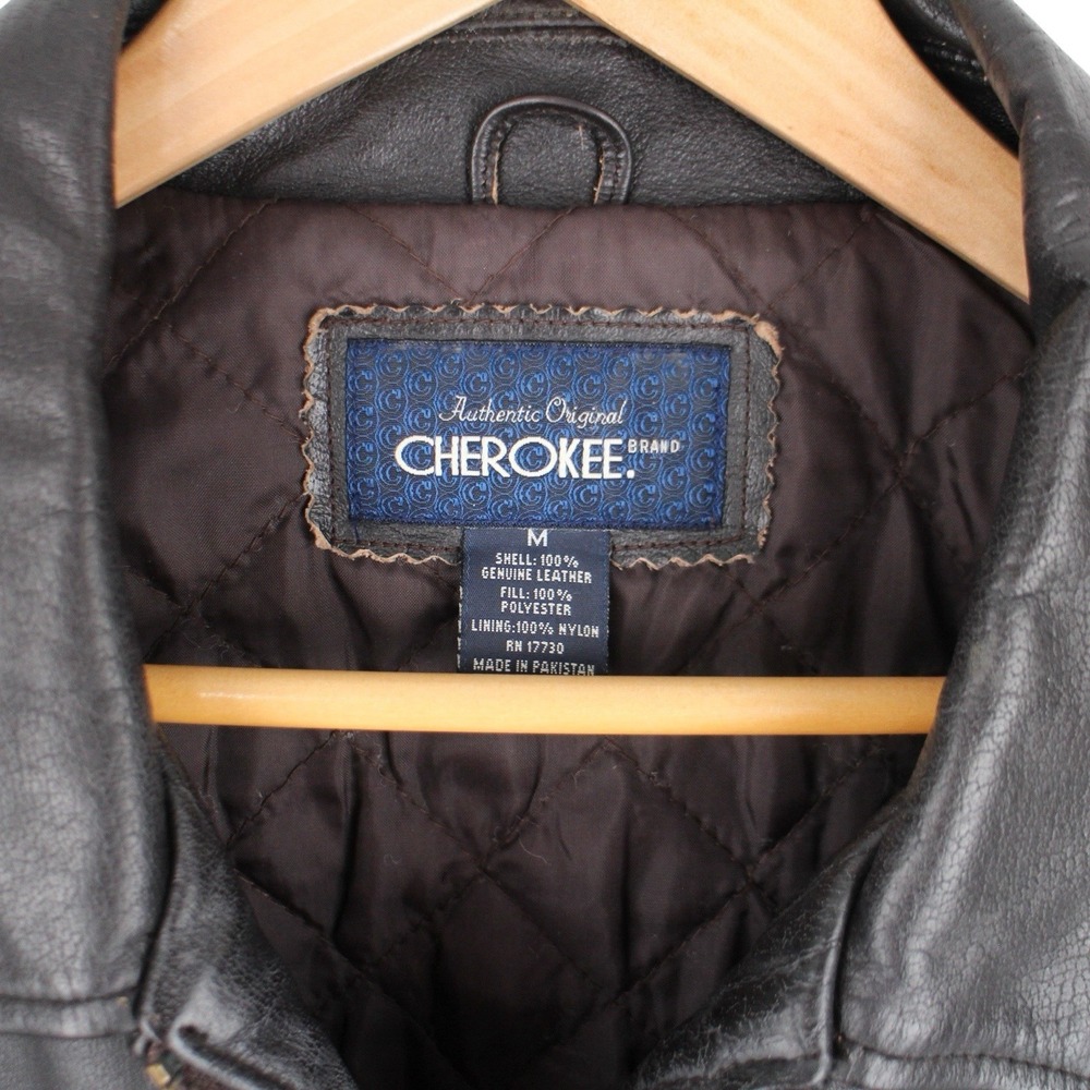 Vintage Cherokee Genuine Leather Bomber Jacket Brown Quilted Lined Mens Medium - Picture 3 of 4